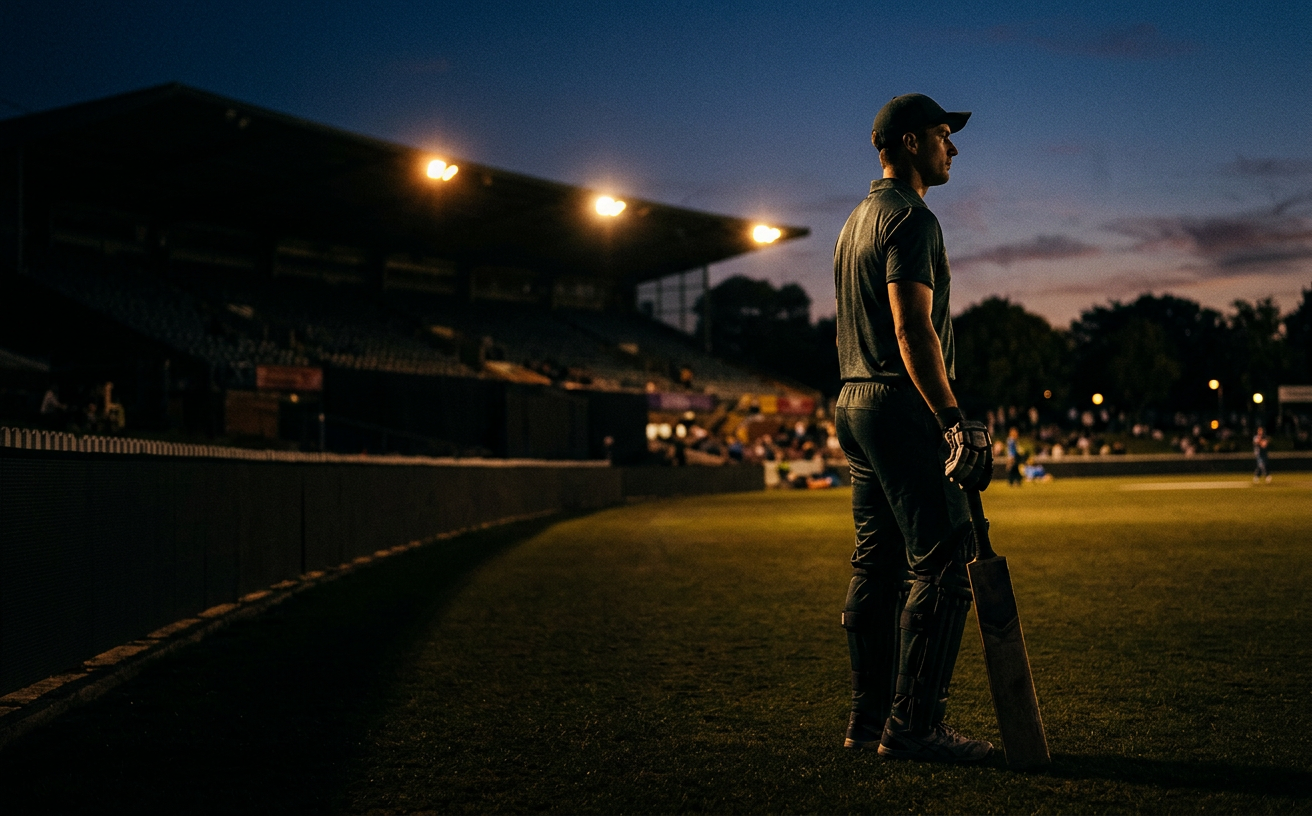 Cricketer standing on a floodlit ground
